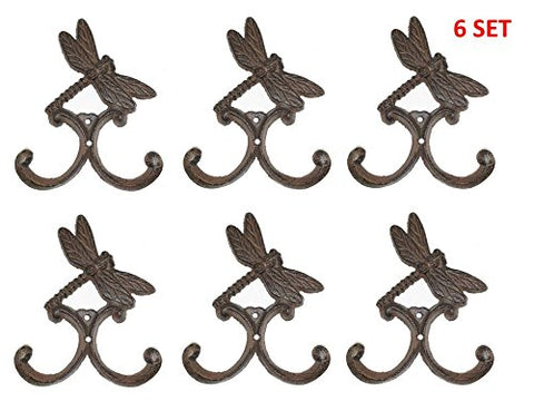 Starworld- 6 SET Heavy Cast Iron Antique Style DRAGONFLY Towel Hanger wall mount Coat Hooks Hat Hook Key Rack CABIN Hunting Camp for Home indoor & outdoor Any Room decor Rustic Brown Finish