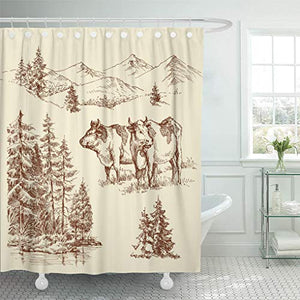 Emvency Shower Curtain Cattle Nature and Farming Grazing Cows Pasture Pure Natural Shower Curtains Sets with Hooks 60 x 72 Inches Waterproof Polyester Fabric