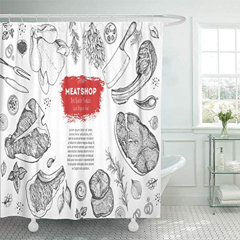 Emvency Shower Curtain Bacon Retro Meat Top View Engraved Pieces of Sketch Shower Curtains Sets with Hooks 60 x 72 Inches Waterproof Polyester Fabric