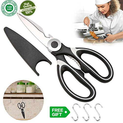 Kitchen Shears Poultry Heavy Duty Stainless Steel Kitchen Scissors Dishwasher Safe Professional Ergonomic Long Light Scissor Large Handle Ultra Sharp With Cover For Cutting Chicken Food Meat (black)