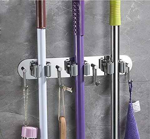 OVOV Broom Holder Stainless Steel Storage Racks Organizer Multipurpose for Tools Kitchen Garden Garage with 3 Position and 4 Hooks (Grey)