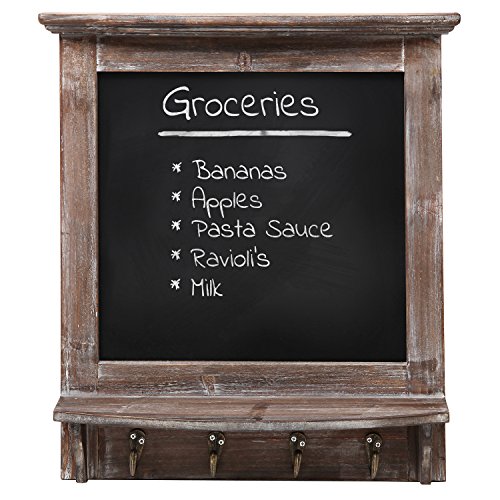 MyGift Wall Mounted Country Brown Rustic Wood Framed Memo Black Chalkboard w/ 4 Hooks for Hat Coat Keys