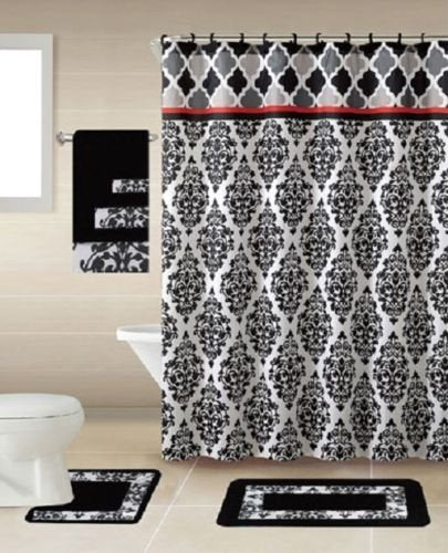 Homemusthaves 18Pc Shower Curtain Set Shower Curtain Towel Set Contour Mat With Hooks Black