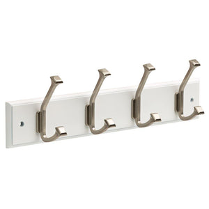 Liberty 18 inch Wall Mounted White and Satin Nickel Wardrobe Hook Rail / Coat Rack with 4 Pretty Dual Hanger Hooks for Coats, Hats, Scarves, Key