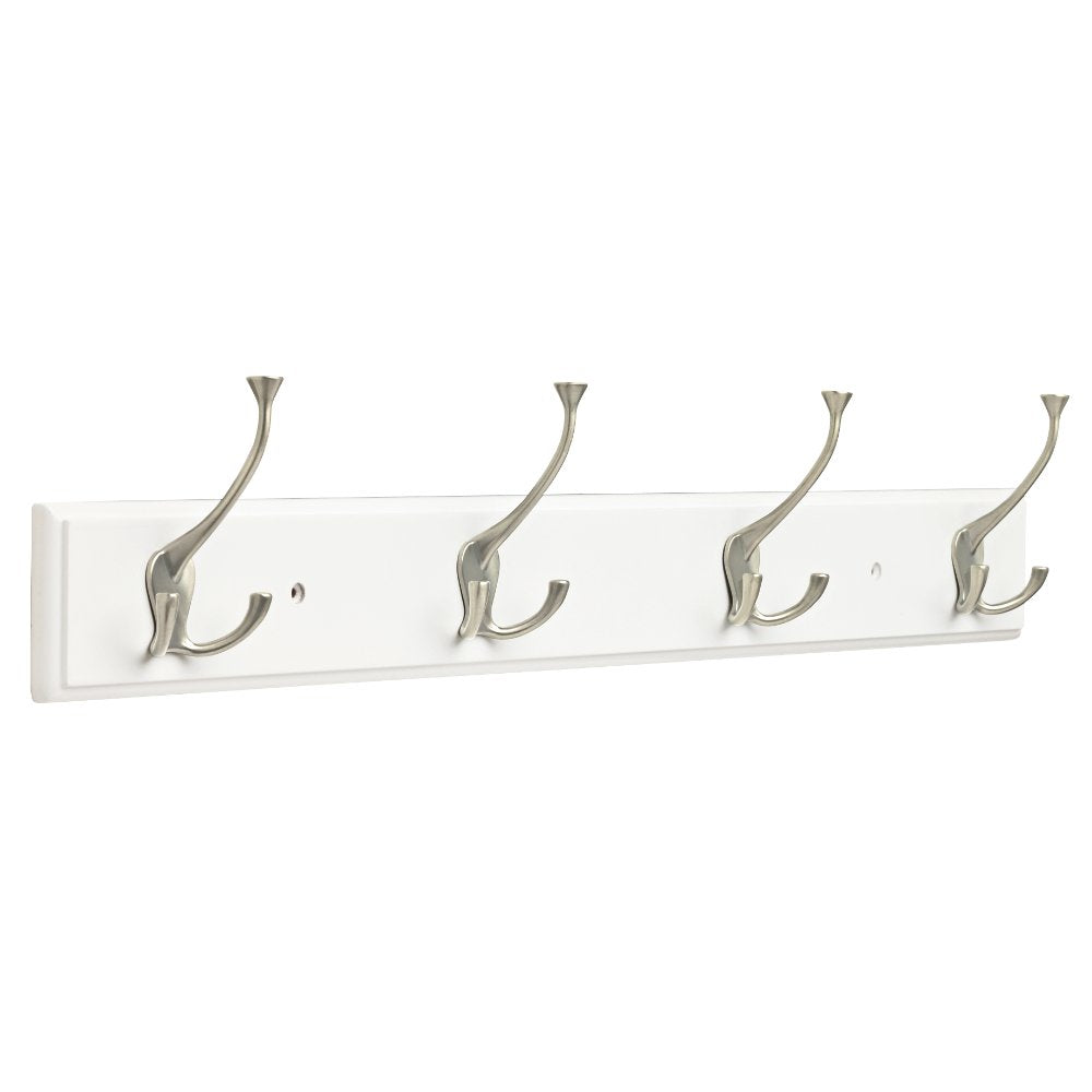 Franklin Brass FBLDFT4-WSE-R, 27" Hook Rail / Rack, with 4 Flared Coat and Hat Tri-Hooks, in White & Satin Nickel