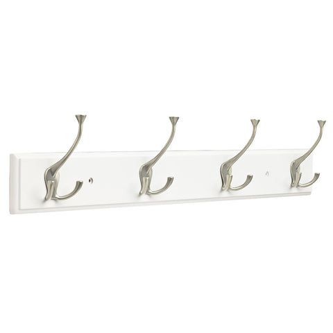 Franklin Brass FBLDFT4-WSE-R, 27" Hook Rail / Rack, with 4 Flared Coat and Hat Tri-Hooks, in White & Satin Nickel