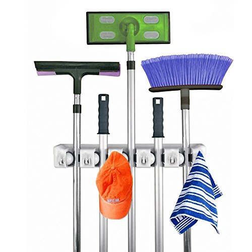 Mop and Broom Holder 5 position with 6 hooks Secure Non-Slide Wall Mount Broom Mop Holder Hook Holds up to 11 Tools Garage Shed Organizer And Sports Equipment Tool Holder Rack