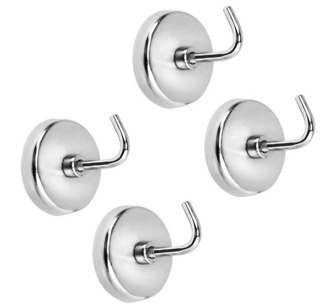 4-Piece Extra-Strong Magnetic Hook Set - 8 Lb Capacity Quality Chrome Plated For Tools, Keys. Towels, Utensils