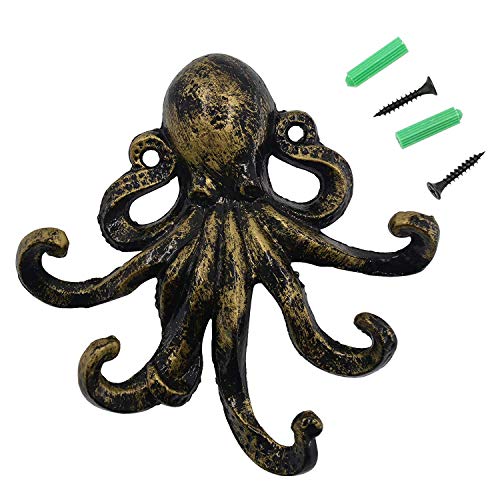 TANG SONG Cast Iron Octopus Wall Hook Key Hooks Antique Bronze Cast Iron Decorative Wall Hook with Screws