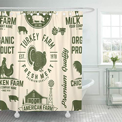 Emvency Shower Curtain American Farm Vintage Chicken Pig Cow and House Silhouette Shower Curtains Sets with Hooks 60 x 72 Inches Waterproof Polyester Fabric