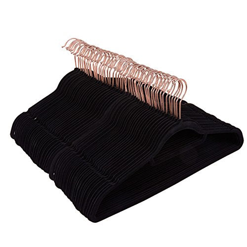 Juvale 50 Pack Black Velvet Hangers - Non Slip Hangers with Rose Gold Hooks and Accessory Bar - Thin Hangers - Non Slip Hangers, Black, 17.5 x 9.2 x 0.2 Inches