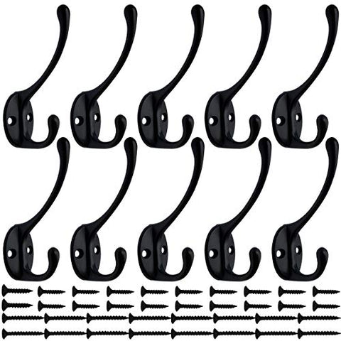 IBosins 10 Pack Heavy Duty Dual Coat Hooks Wall Mounted with 40 Screws Retro Double Hooks Utility Black Hooks for Coat, Scarf, Bag, Towel, Key, Cap, Cup, Hat (Black)
