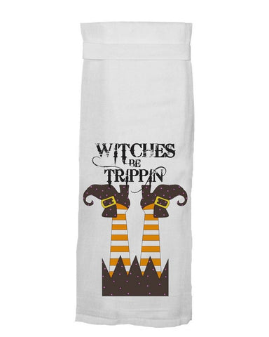 Twisted Wares Halloween Kitchen Towel, Witches Be Trippin, Adult Humor With Hang Tight Design