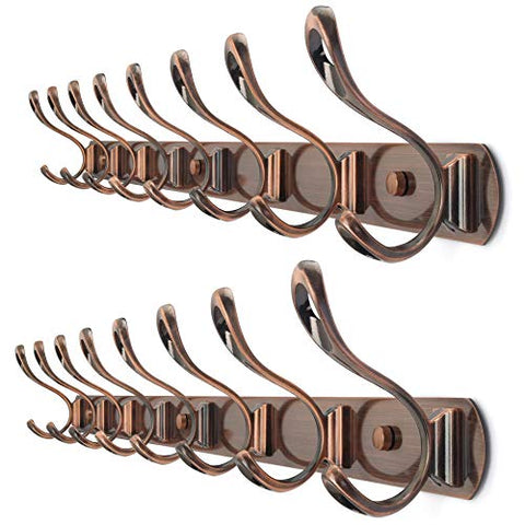 WEBI Wall Mounted Coat Rack Hook -29-1/2 inch Double Prong Robe Hooks Metal Decorative Hook Rail - Heavy Duty Wall Hooks for Bathroom Kitchen Office Entryway Hallway,8 Hooks,Antique Copper,2 Packs