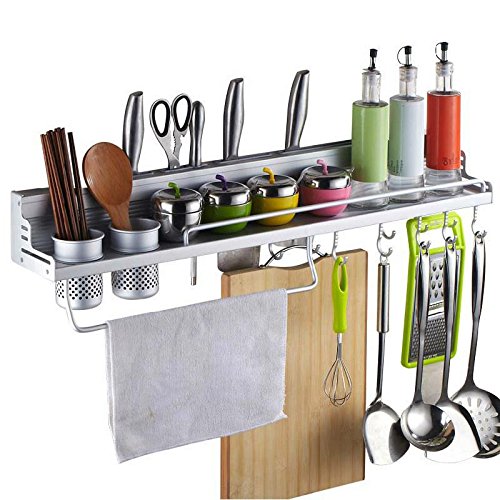 WXLAA 60CM Kitchen Good Helper Utensils Aluminum Storage Rack Organizer with Hooks Cups Multi Function Spice Shelp Holder Tools