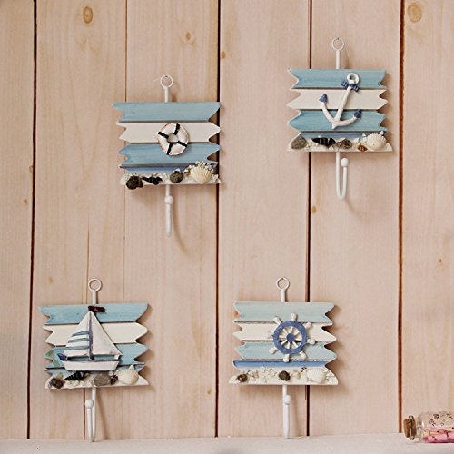 OLizee Beach Themed Wall Hooks Towel Hat Coat Hangers Rustic Wall Decorations (Set of 4 Nautica Hanger)