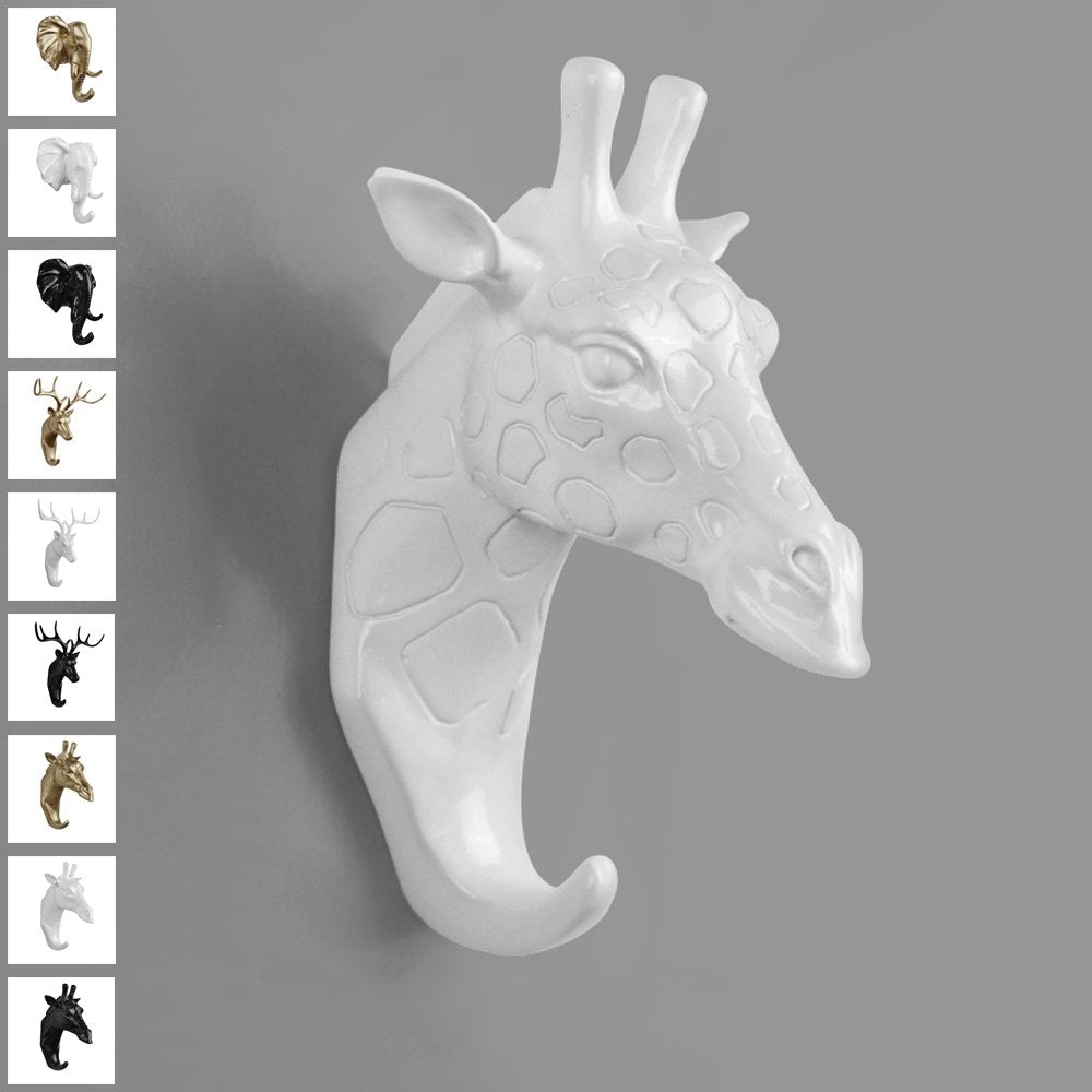 TraPal Giraffe Head Single Decorative Coat Hook Wall Mounted Rustic Coat Rack Easy to Install Resin Animal Shape Clothes/Garment/Jacket Hanger (Giraffe-White)