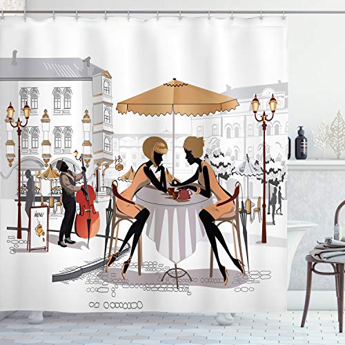 Fashion House Decor Shower Curtain by Ambesonne, Two Lady in Cafe in Old Town Street Musician Urban Fashion Theme, Fabric Bathroom Decor Set with Hooks, 70 Inches, Yellow White