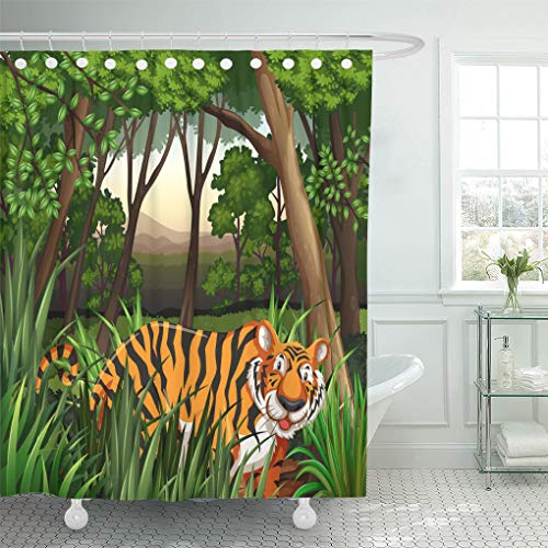 Emvency Shower Curtain Leaves Africa Scenery of Tiger Walking in Jungle Grass Shower Curtains Sets with Hooks 72 x 78 Inches Waterproof Polyester Fabric