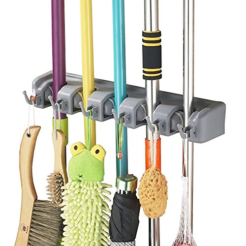 Mop and Broom Holder - Wall Mounted Garden Tool Rack Garage Storage, 6 Pull Out Hooks Broom Organizer, 5 Ball Slots Laundry Mop Broom Drying Rack, Strong Grippers Mop Hanger Rack Organizer (5 slots)