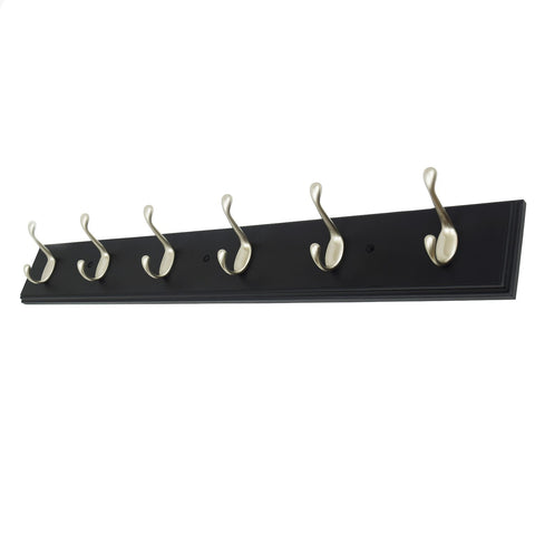 18 Inch Wide Black Rail/Rack with 4 Heavy Duty Satin Nickel Coat and Hat Hook, Entryway Rack/ Bathroom Towel Hanger, Made in USA