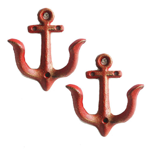 KiaoTime Set of 2 RED Vintage Rustic Cast Iron Nautical Anchor Design Wall Hooks Coat Hooks Rack, Decorative Wall Mounted Antique Shabby Chic Metal Home Bath Room Towel Coat Hooks Hanger