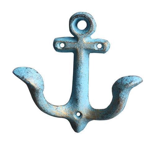 KiaoTime (Blue) Vintage Rustic Cast Iron Nautical Anchor Design Wall Hooks Coat Hooks Rack, Decorative Wall Mounted Antique Shabby Chic Metal Home Bathroom Towel Coat Hooks Hanger