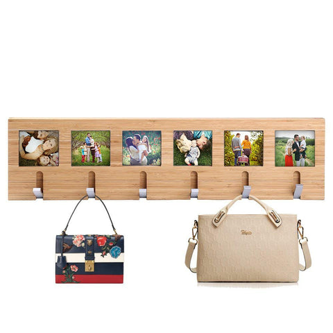 Genenic Coat Rack Frame,Coat Rack Wall-Mounted Bamboo Wooden Hook Rack with 6 Chrome Hooks for Pictures Modern Style for Hallway Bathroom Living Room Bedroom, Bamboo Color