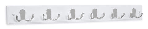 BirdRock Home Dual Hook Coat Rack | 6 Dual Hooks | Wall Mounted Hat Rack Rail | Satin Nickel Hooks | White Pine Bathroom Rail