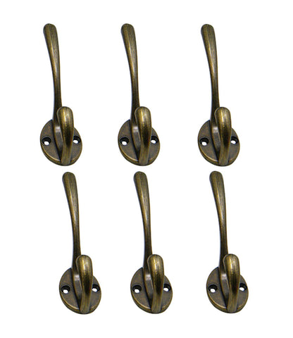 TSJ 6 Pack Antique Scroll Coat Hooks Old Bronze Wall Mount (Screws Included) Double Prong Hat Hook Hanger for Closet Door Wall Hanging
