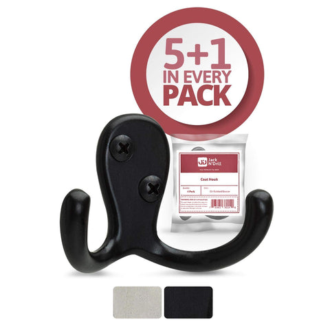 JD Jack N'Drill Double Coat Hooks - 6 Pack | Black Finish Wall Hooks | Great Towel Hook for Bathroom, Home & Kitchen | Bigger & Stronger Coat Wall Hook for Heavy Items