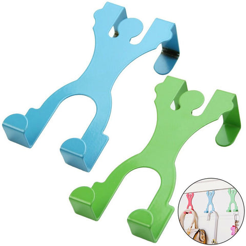 Creatiee 2PC Cartoon Human S Design Over Door Hooks, Iron Art Hanger Organizer for Coats, Hats, Robes, Towels (Green, Blue)