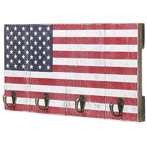 MyGift 4-Hook American Flag Design Wood Wall Mounted Key Rack