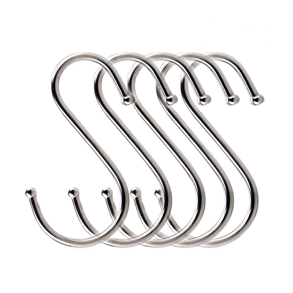 [10 Pack] Ably Size medium S hooks heavy-duty stainless steel S shaped hanging hooks, for hanging metal kitchen pot pan hanger storage rack closet S type hooks multiple uses.