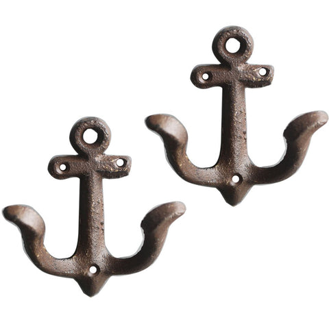 KiaoTime Set of 2 Rusty Brown Vintage Rustic Cast Iron Nautical Anchor Design Wall Hooks Coat Hooks Rack, Decorative Wall Mounted Antique Shabby Chic Metal Home Bath Room Towel Coat Hooks Hanger