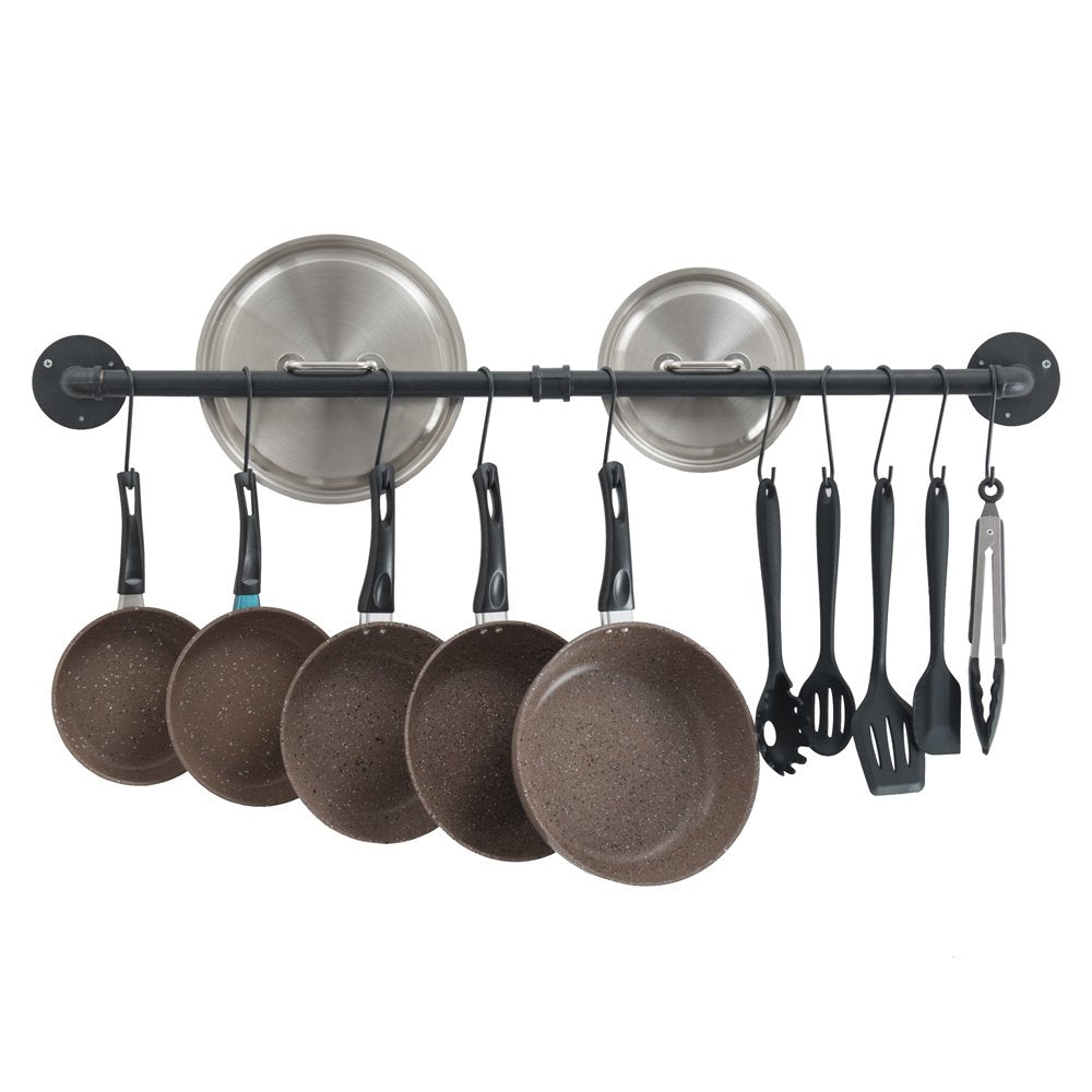 Oropy 39 inch Hanging Pot Bar Rack Wall Mounted Lid Holder Detachable Rail Kitchen Utensils Hanger with 14 S Hooks Black
