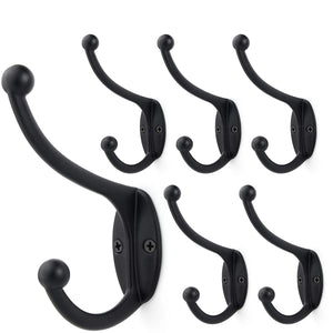 Arks Royal Wall Mounted Coat and Hat Double Prong Hook Zinc Die Cast Robe Hanger for Kitchen Bathroom, 6 Pack (Black)