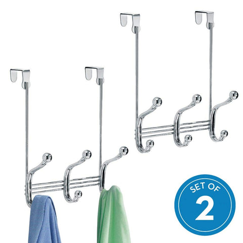 InterDesign York Metal Over the Door Organizer, 3-Hook Rack for Coats, Hats, Robes, Towels, Jackets, Purses, Bedroom, Closet, and Bathroom, 8.38" x 5.25" x 11", Set of 2, Chrome