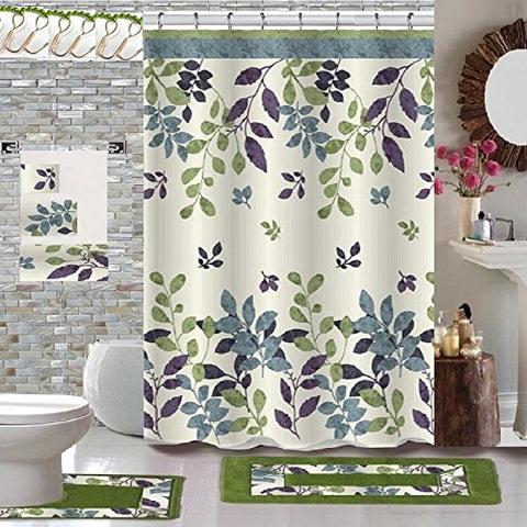 18 Piece High Quality Floral Designs Banded Shower Curtain Bath Set,1,Bath Rug,1 Contour Rug 1, shower curtain 12 Metal Crystal Roller Ball Shower Hooks 3Pcs Matching towel set (Sophia)