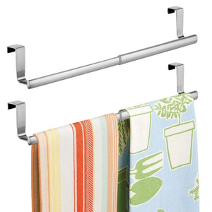 mDesign Adjustable, Expandable Kitchen Over Cabinet Towel Bar - Hang on Inside or Outside of Doors, Storage for Hand, Dish, Tea Towels - 9.25" to 17" Wide, 2 Pack - Brushed Stainless Steel
