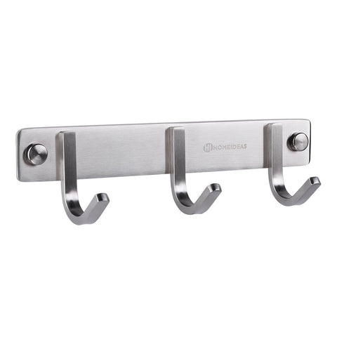 HOMEIDEAS 8-Inch Coat Hook Rail SUS304 Stainless Steel Coat Wall Mounted Bath Towel Hook Hanger with 3 Hooks,Brushed Finish