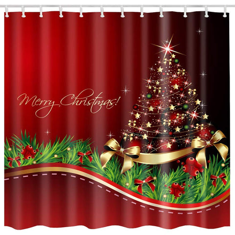 BROSHAN Red Christmas Shower Curtain Small, Christmas Tree Print Bath Curtain Home Decor, Winter Holiday Fabric Bathroom Decor Curtain with Hooks, 62 x 72 inch