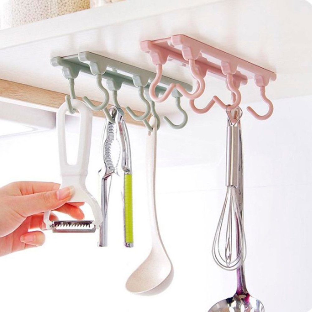 6 Hooks Under Shelf Mugs Cups Wine Glasses Storage Drying Holder Rack Kitchen Organizer Towel Hanger Cabinet Hanging Organizer Rack for Ties And Belts (Green)