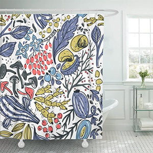 Emvency Shower Curtain Beans with Hand Drawn Plants Roots and Berries Botanical Shower Curtain 72 x 72 Inches Shower Curtain with Plastic Hooks