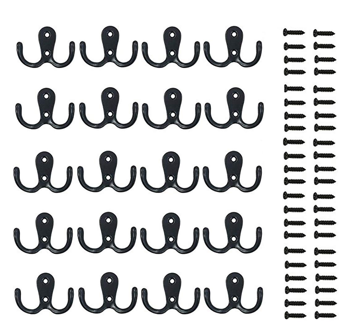 Ginbel Direct 20 Pack Wall Mounted Heavy Duty Double Hooks Hanger Holder Black Wall Vintage Decorative Key Coat Robe Hooks Scarf, Bag, Towel, Cap (Black)