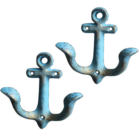 KiaoTime Set of 2 Blue Vintage Rustic Cast Iron Nautical Anchor Design Wall Hooks Coat Hooks Rack, Decorative Wall Mounted Antique Shabby Chic Metal Home Bath Room Towel Coat Hooks Hanger