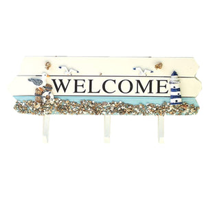 B&S FEEL Nautical Design Blue & White Welcome Board Coat Hooks Hanger Rack Home Decor (Lighthouse and seabirds)