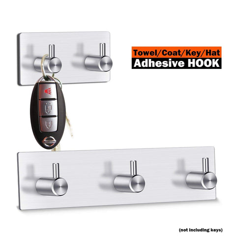 Bathroom Robe Towel Hooks,Stainless Steel Peel Stick Hooks 3M Self Adhesive Wall Robe Key Coat Towel Hooks Hanger for Kitchen Bathroom Closet Room Office Door(3+2 Hooks)