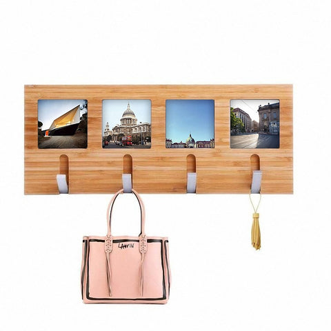 Genenic Bamboo Wall Coat Racks Hooks Hanger Wall Mount Photo Frame Entryway Bedroom Home Decoration (4 Hooks)