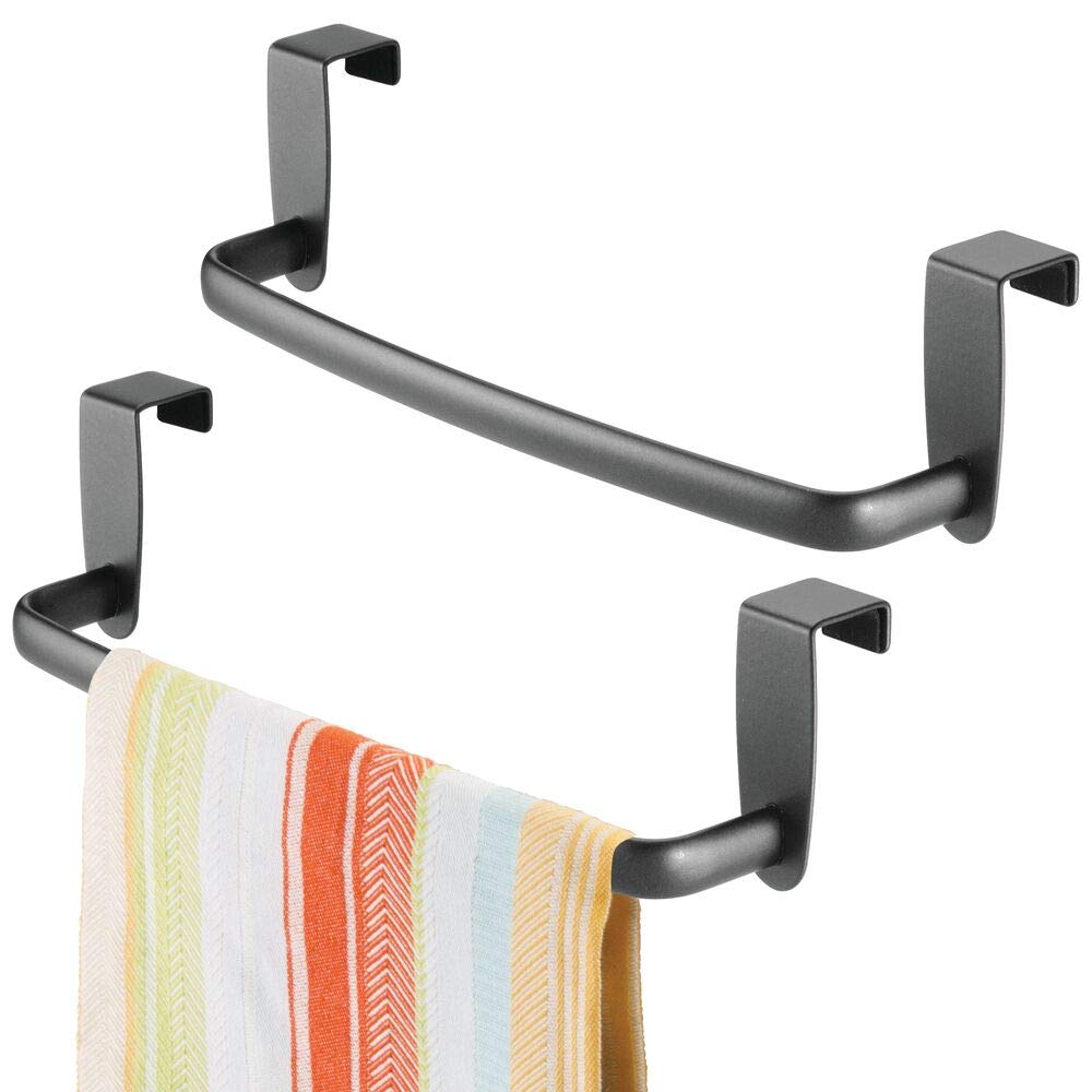 mDesign Kitchen Over Cabinet Metal Towel Bar - Hang on Inside or Outside of Doors, for Hand, Dish, and Tea Towels - 9.75" Wide, 2 Pack - Graphite Gray